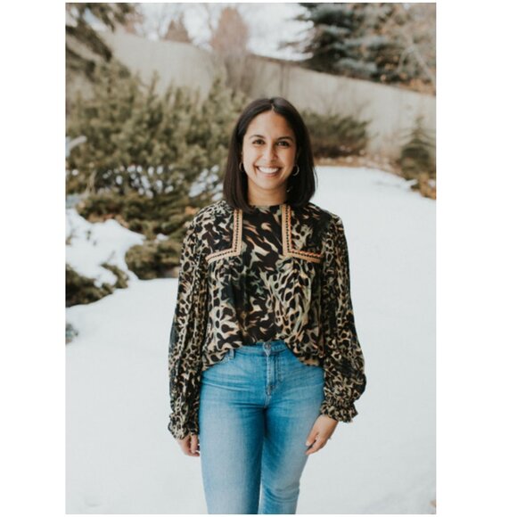 Anthropologie Blank London Joelle Leopard Peasant Blouse L large green gold - Picture 4 of 10